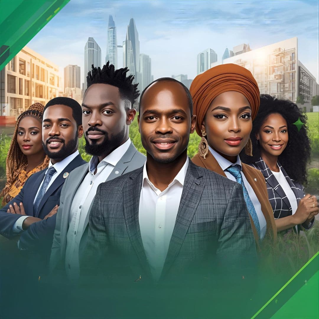 A background image showing corporate and community growth